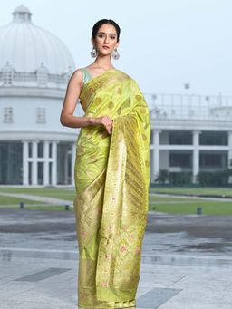 Beatitude - Parrot Green Shade Silk Jacquard Work Saree with Unstitched Blouse