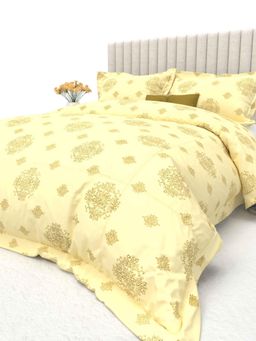 the White Moss - Floral Printed Cotton 600 TC Comforter with 2 Pillow Covers - Yellow (King)