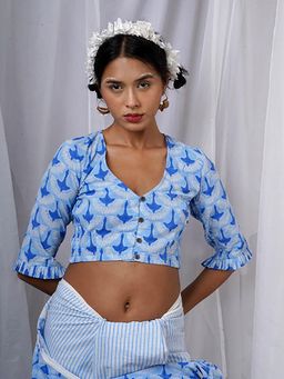 Chidiyaa - Diti Blue Hand Block Printed Stitched Blouse-Bad