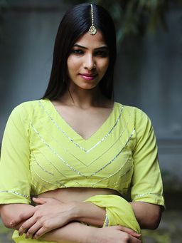 Chidiyaa - Heer Lime Green Mulmul Cotton Stitched Blouse - Jugnoo