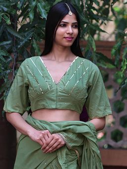 Chidiyaa - Shimmer Moss Green Mulmul Cotton Stitched Blouse - Jugnoo