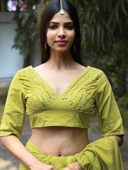 Chidiyaa - Craft Sparkle Pear Green Mulmul Cotton Stitched Blouse - Jugnoo