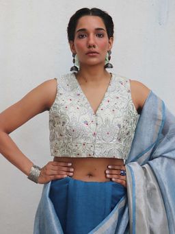 Chidiyaa - Sanjoli Brocade Off White Stitched Blouse - Jheel