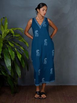 Chidiyaa - Neeraja Teal Green Hand Block Printed Midi Dress