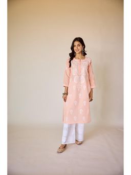 Old Marigold - Haifa Peach Hand Embroidered Chikankari Kurta