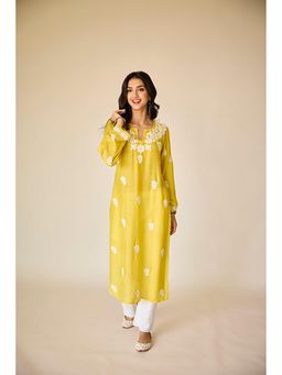 Old Marigold - Sofiya Yellow Muslin Hand Embroidered Chikankari Kurta