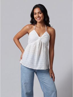 Twenty Dresses by Nykaa Fashion - Cotton White Schiffli Embroidered Halter Neck Top