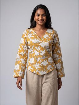 Twenty Dresses by Nykaa Fashion - Bell Sleeves Yellow Floral Print V-Neck Wrap Top