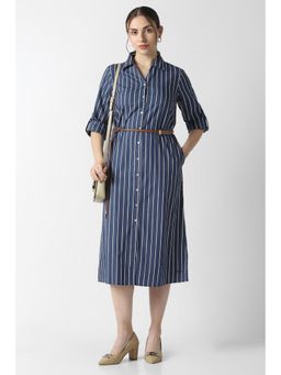 Van Heusen - Women Navy Blue Stripes Formal Dress with Belt