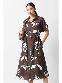 Van Heusen - Women Brown Print Calf Length Casual Dress with Belt