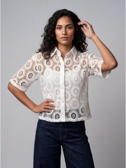 Twenty Dresses by Nykaa Fashion - White Crochet Lace Sheer Button Down Crop Shirt