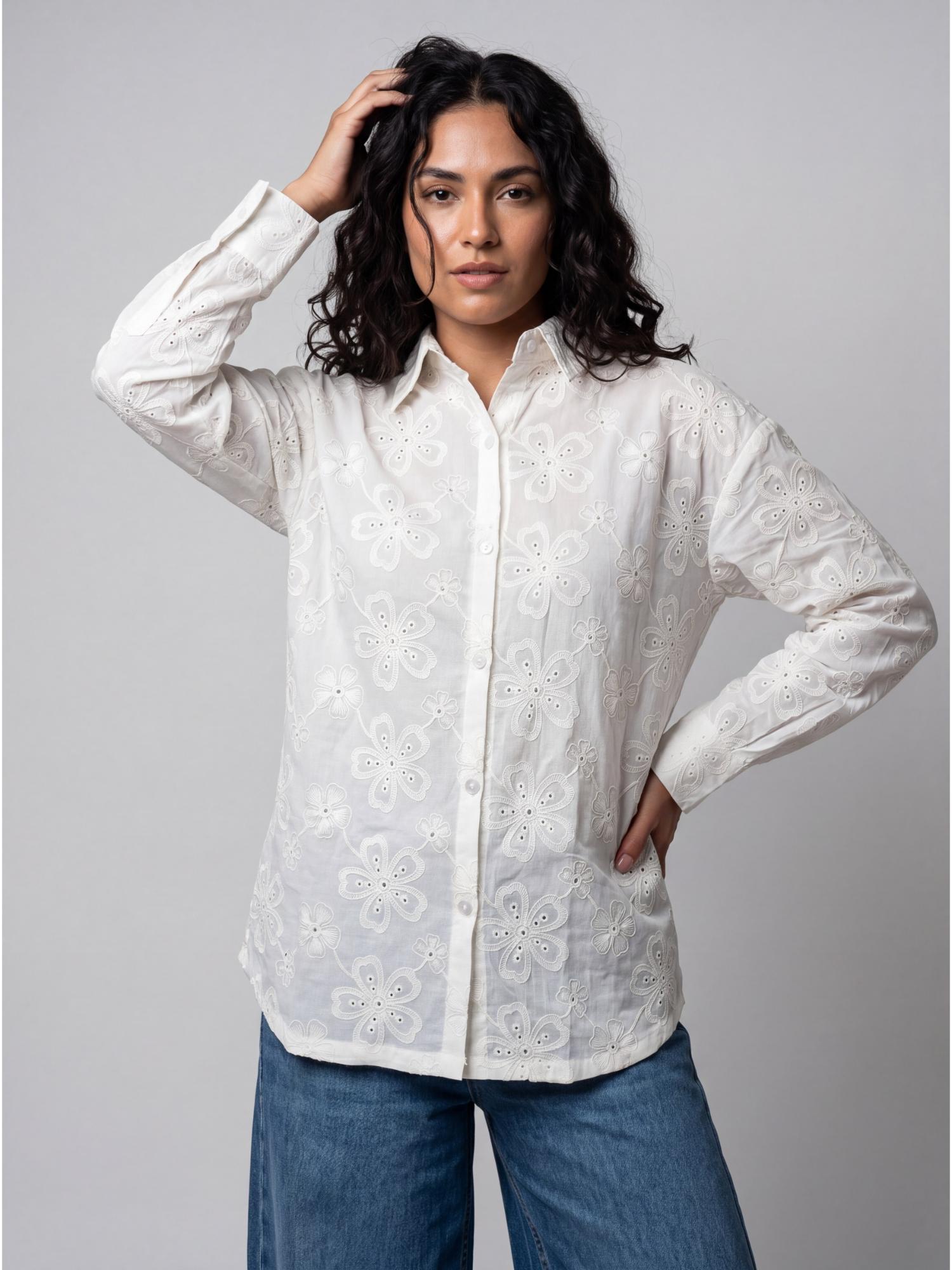 White Floral Applique Embroidered Oversized Shirt-picture-15