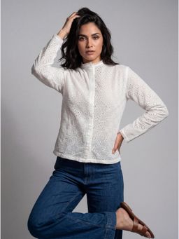 Twenty Dresses by Nykaa Fashion - White Schiffli Embroidered Mandarin Collar Shirt