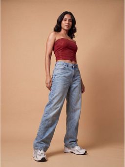 MIXT by Nykaa Fashion - Maroon Self Design Strapless Tube Crop Top