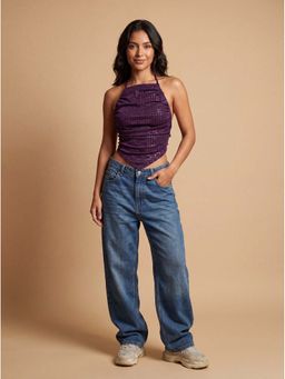 MIXT by Nykaa Fashion - Purple Self Design Ruched Halter Neck Asymmetric Top