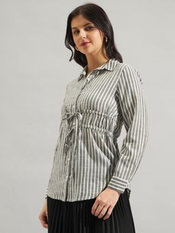 Twenty Dresses by Nykaa Fashion - Grey & White Striped Tie-Up Viscose Top