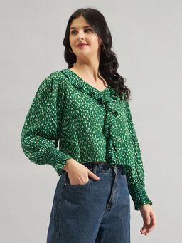 Twenty Dresses by Nykaa Fashion - Green Rayon Printed Ruffle Detail Top