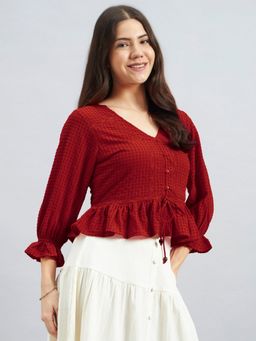 Twenty Dresses by Nykaa Fashion - Red Textured Poly Crepe Peplum Top