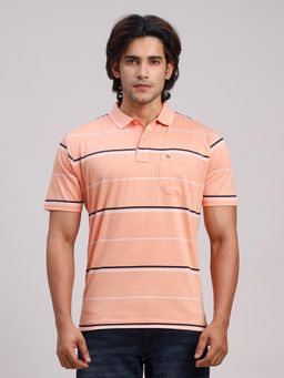 Classic Polo - Men Orange Regular Fit Stripes Cotton Polo T-shirt