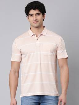 Classic Polo - Men Peach Regular Fit Stripes Cotton Polo T-shirt