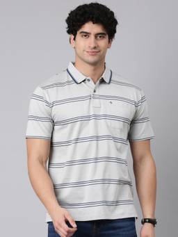 Classic Polo - Men Grey Regular Fit Stripes Cotton Polo T-shirt