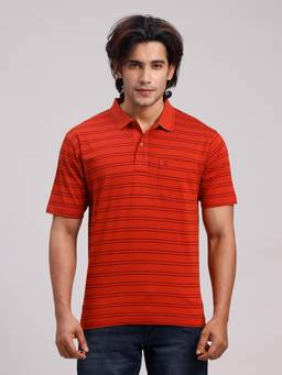 Classic Polo - Men Rust Regular Fit Stripes Cotton Polo T-shirt