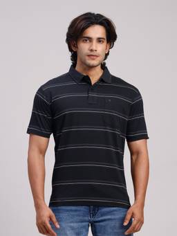 Classic Polo - Men Black Regular Fit Stripes Cotton Polo T-shirt