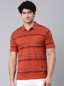 Classic Polo - Men Rust Regular Fit Stripes Cotton Blend Polo T-shirt