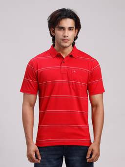 Classic Polo - Men Red Regular Fit Stripes Cotton Blend Polo T-shirt