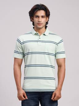 Classic Polo - Men Green Regular Fit Stripes Cotton Blend Polo T-shirt