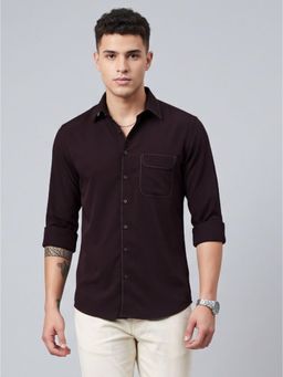 Charagh Din - Men Blended Tailored Fit Brown Solid/Plain Casual Shirt