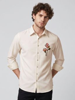 Charagh Din - Men Blended Tailored Fit Cream Embellished/Sequined Casual Shirt