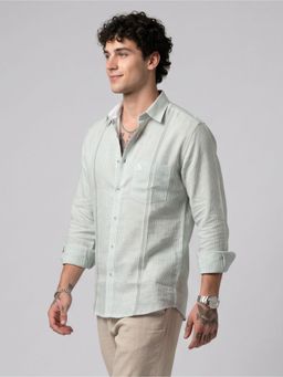 Charagh Din - Men Linen Tailored Fit Green Stripes Casual Shirt