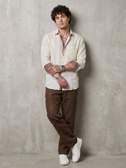 Charagh Din - Men Linen Tailored Fit Cream Stripes Casual Shirt