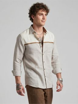 Charagh Din - Men Linen Tailored Fit Beige Colorblock Casual Shirt