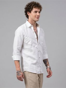 Charagh Din - Men Linen Tailored Fit White Solid/Plain Casual Shirt