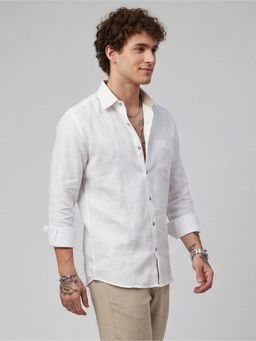 Charagh Din - Men Linen Tailored Fit White Solid/Plain Casual Shirt