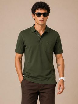 Charagh Din - Men Blended Regular Fit Green Solid/Plain Casual Polo T-shirt