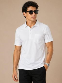 Charagh Din - Men Blended Regular Fit White Solid/Plain Casual Polo T-shirt