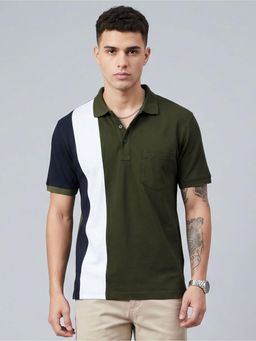Charagh Din - Men Blended Regular Fit Olive Colorblock Casual Polo T-shirt