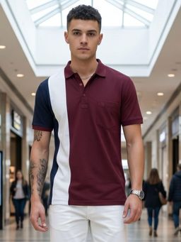 Charagh Din - Men Blended Regular Fit Wine Colorblock Casual Polo T-shirt