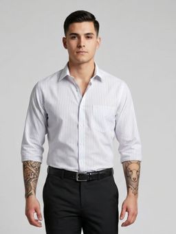Charagh Din - Men Blended Regular Fit Blue Stripes Formal Shirt
