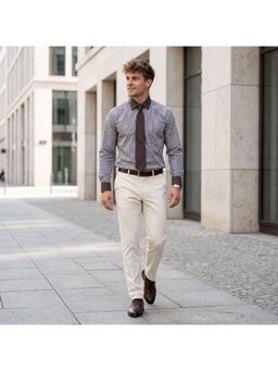 Charagh Din - Men Blended Regular Fit Brown Stripes Formal Shirt