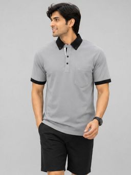 Charagh Din - Men Lycra Regular Fit Grey Solid/Plain Casual Polo T-shirt