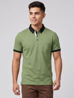 Charagh Din - Men Lycra Regular Fit Green Solid/Plain Casual Polo T-shirt