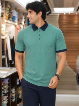 Charagh Din - Men Lycra Regular Fit Green Solid/Plain Casual Polo T-shirt