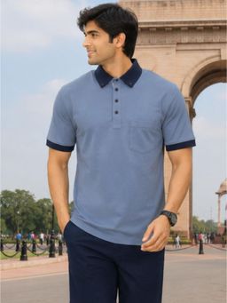 Charagh Din - Men Lycra Regular Fit Grey Solid/Plain Casual Polo T-shirt