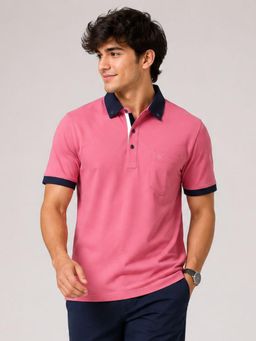 Charagh Din - Men Lycra Regular Fit Peach Solid/Plain Casual Polo T-shirt