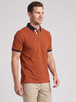Charagh Din - Men Lycra Regular Fit Rust Solid/Plain Casual Polo T-shirt