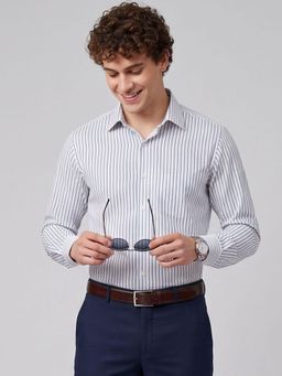 Charagh Din - Men Blended Regular Fit Navy Blue Stripes Formal Shirt